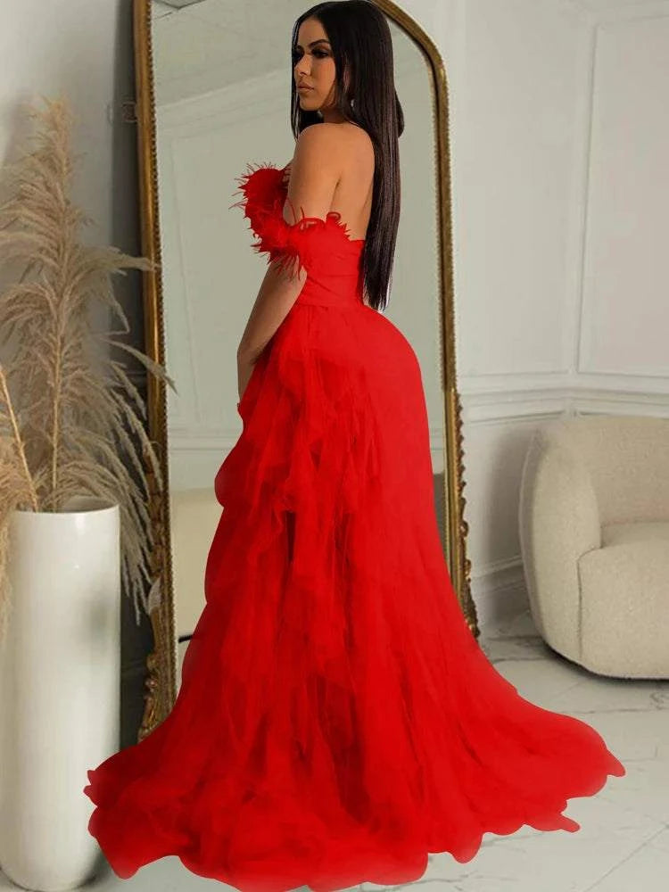 Elegant Ruffles Chiffon Maxi Sheer Corset Long Party Dress With Feathers