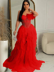 Elegant Ruffles Chiffon Maxi Sheer Corset Long Party Dress With Feathers