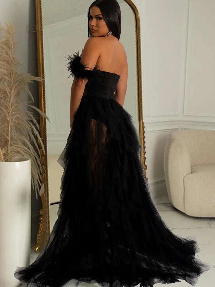 Elegant Ruffles Chiffon Maxi Sheer Corset Long Party Dress With Feathers