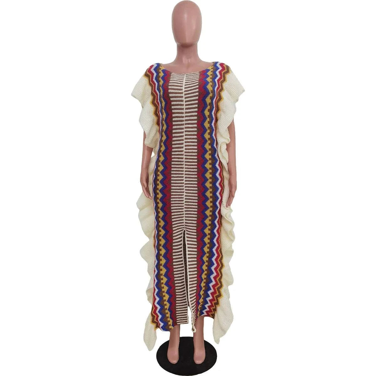 Women's Vintage Fashion Maxi Dress: Knit Ribbed, Ruffled, Front Split, Striped, Straight Design