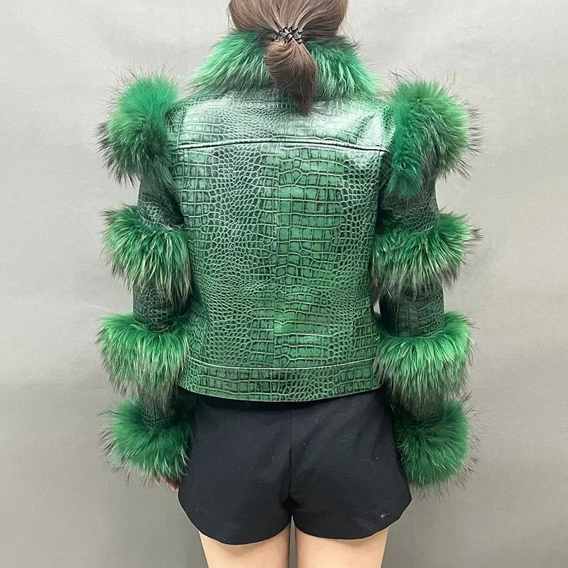 Crocodile Pattern Lambskin Leather Coat With Fur