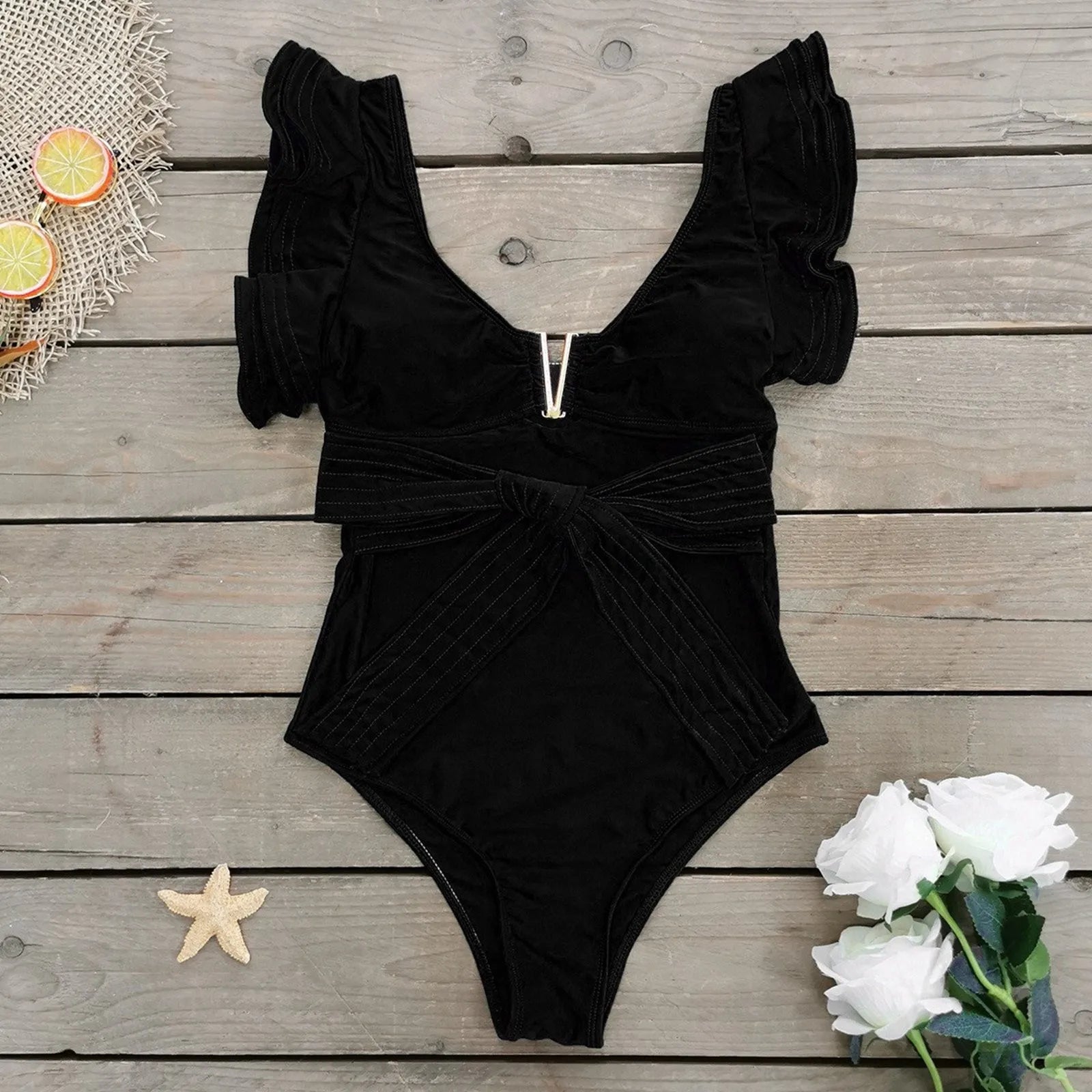 Deep-V Swimsuit Wh Ruffles