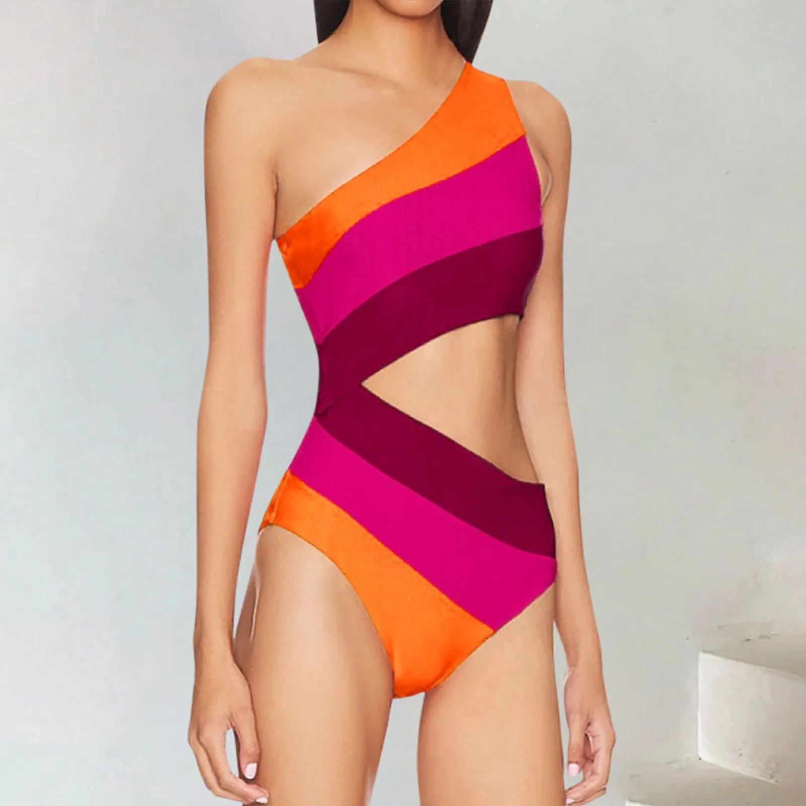 One Shoulder Color Block Bathing 