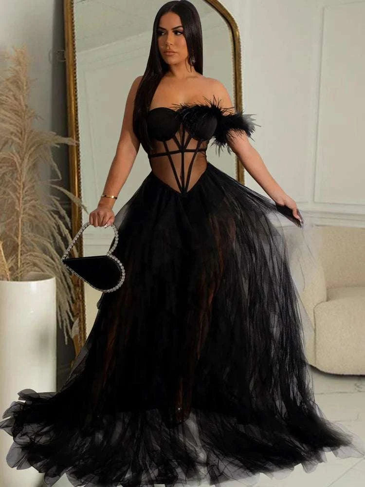 Elegant Ruffles Chiffon Maxi Sheer Corset Long Party Dress With Feathers