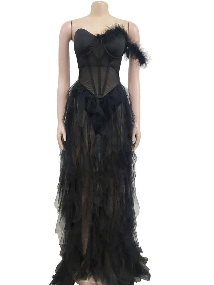 Elegant Ruffles Chiffon Maxi Sheer Corset Long Party Dress With Feathers