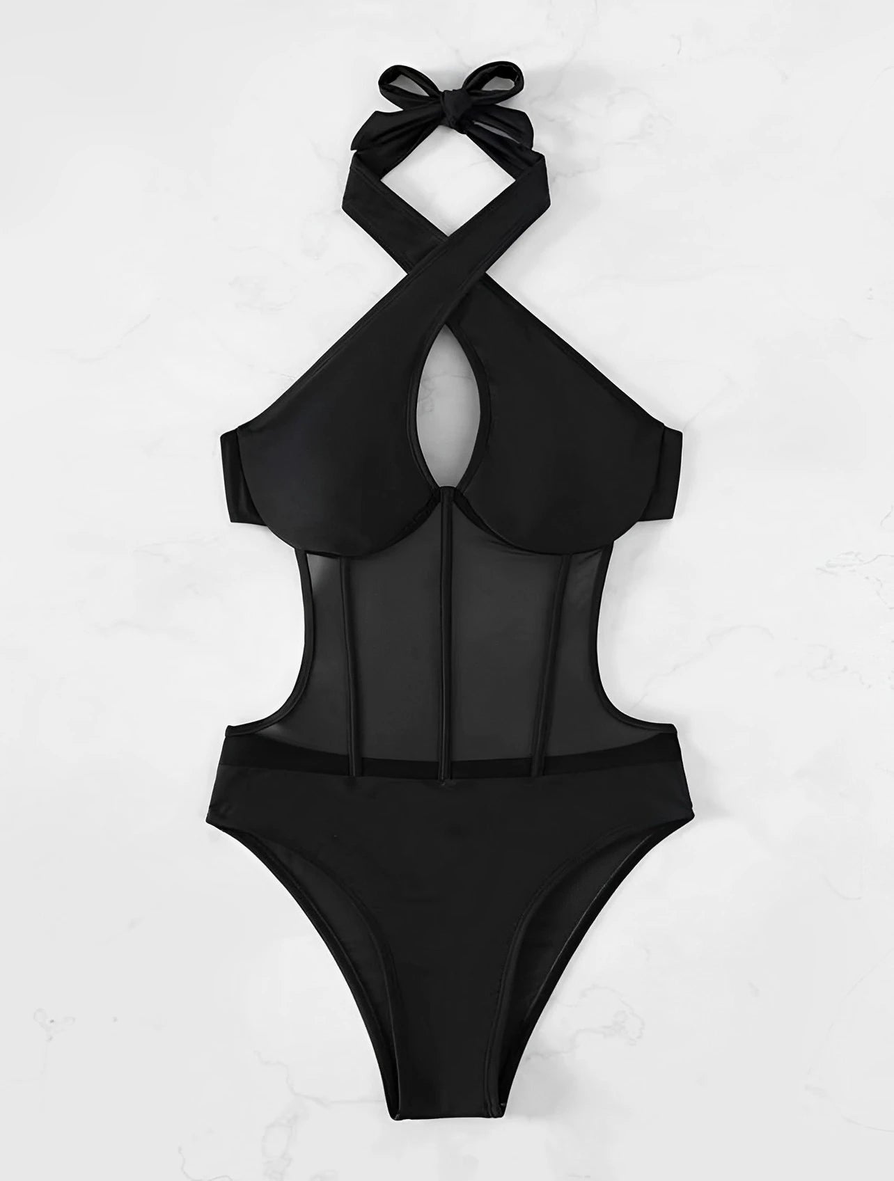 Mesh Cut Out Bustier  One Piece SwimSuit