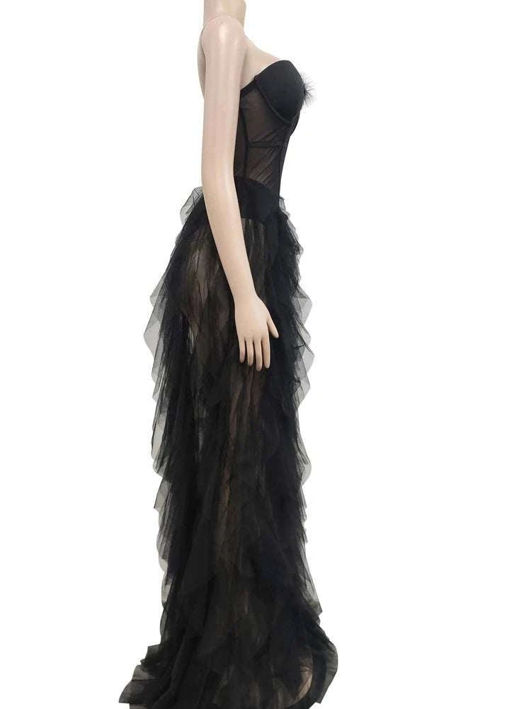 Elegant Ruffles Chiffon Maxi Sheer Corset Long Party Dress With Feathers