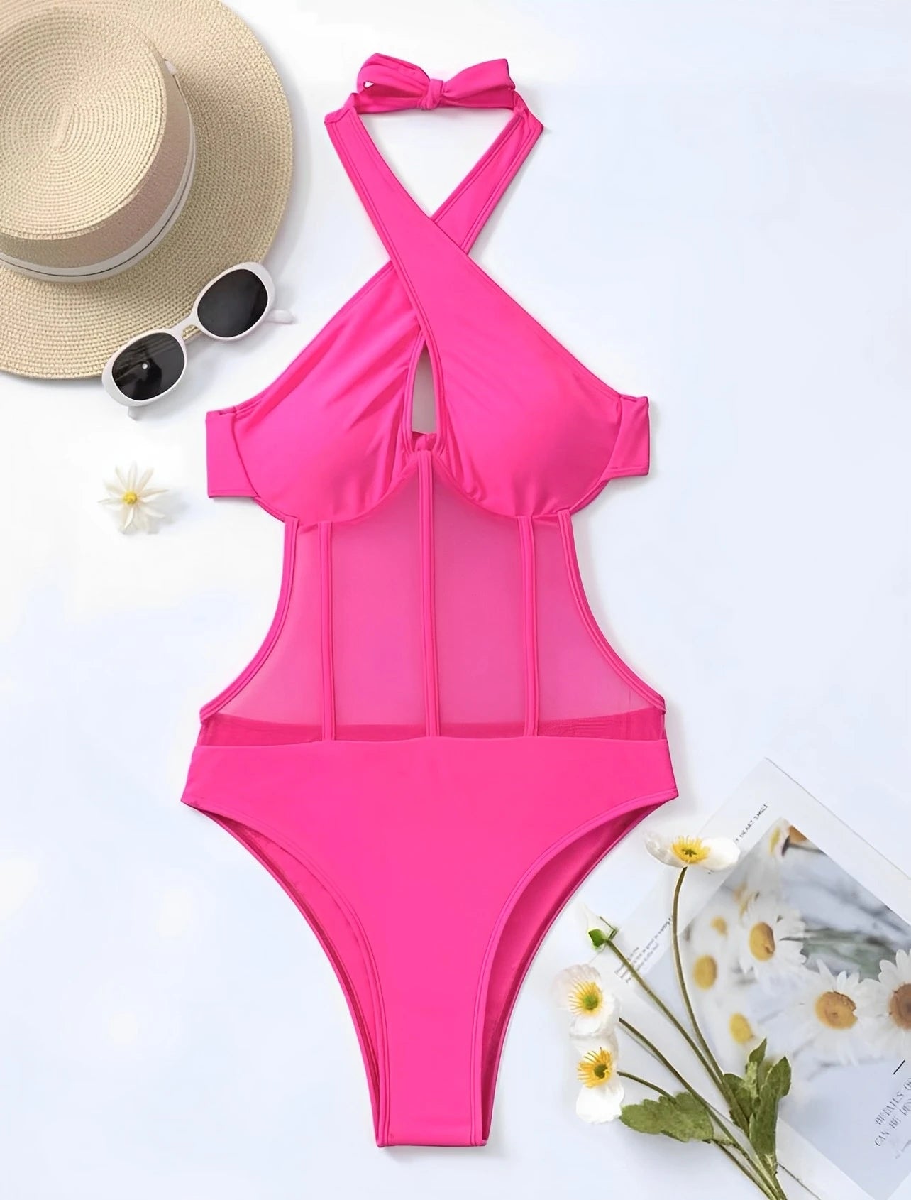 Mesh Cut Out Bustier  One Piece SwimSuit