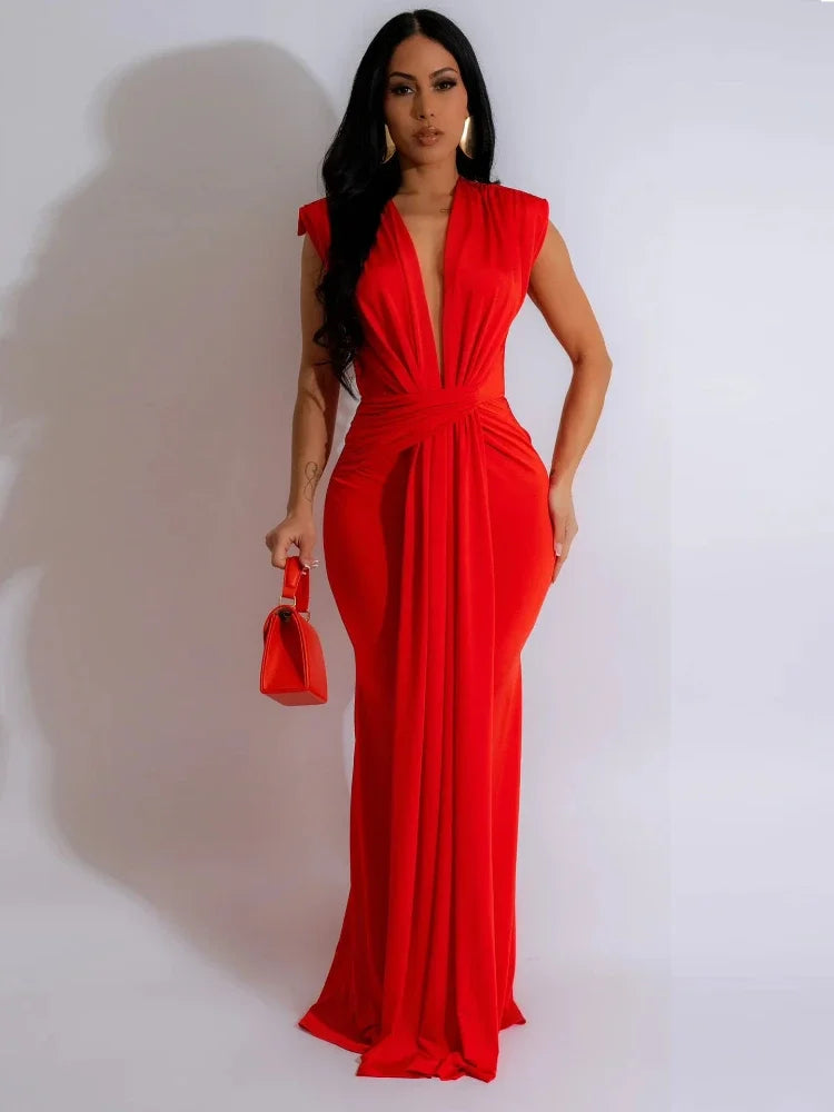 Goddess Elegant Ruched Bodycon Maxi Dress