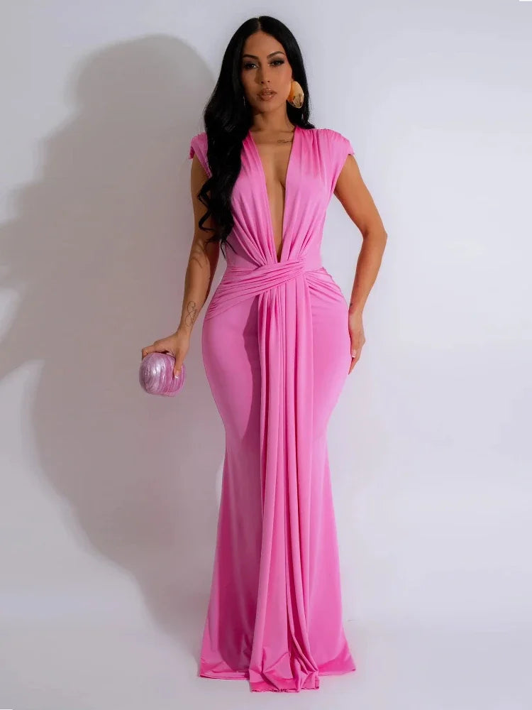 Goddess Elegant Ruched Bodycon Maxi Dress