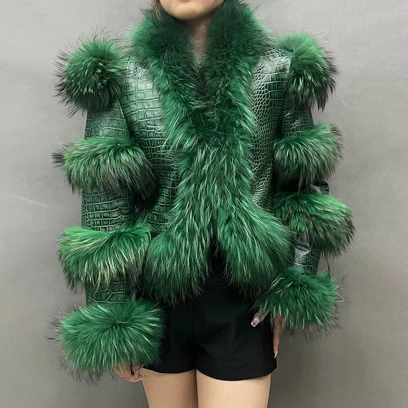 Crocodile Pattern Lambskin Leather Coat With Fur