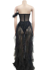 Elegant Ruffles Chiffon Maxi Sheer Corset Long Party Dress With Feathers