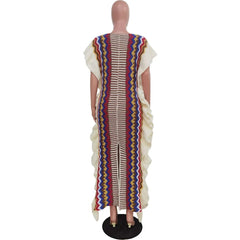 Women's Vintage Fashion Maxi Dress: Knit Ribbed, Ruffled, Front Split, Striped, Straight Design