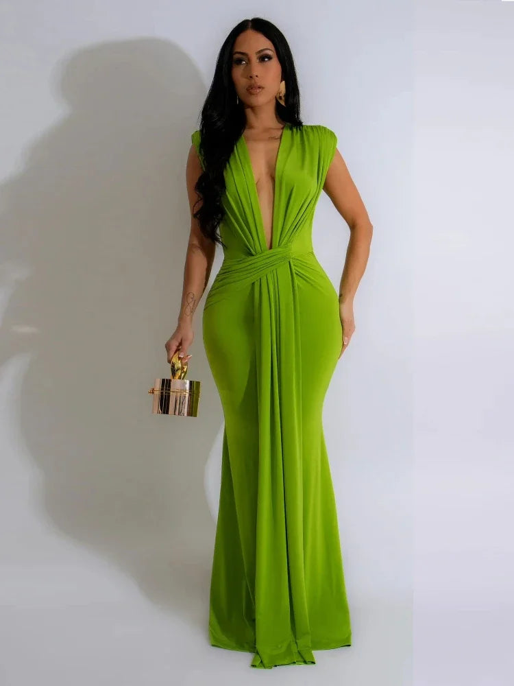 Goddess Elegant Ruched Bodycon Maxi Dress